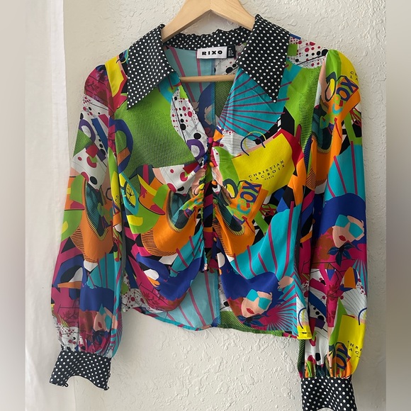 RIXO Tops - Rixo Christian Lacroix Silk Multicolor Blue Green Pink Printed Blouse sz Xxs/2